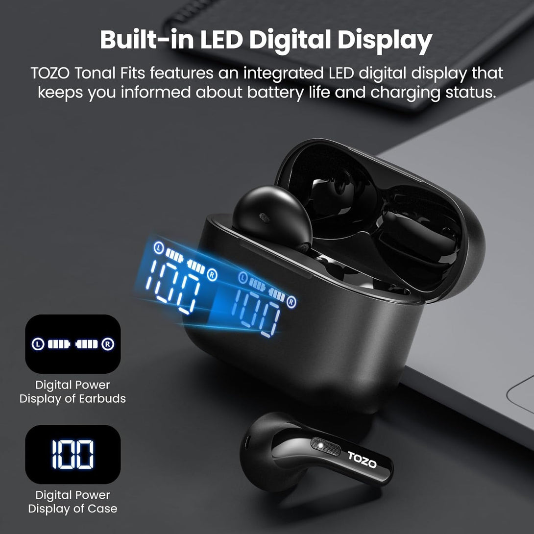TOZO T21 Wireless Earbuds Bluetooth 5.3 in Ear Headphones Dual Mic Call Noise Cancelling IPX8 Waterproof 44H Playback Stereo Sound with LED Display Wireless Charging Case 32 Eqs via APP Black