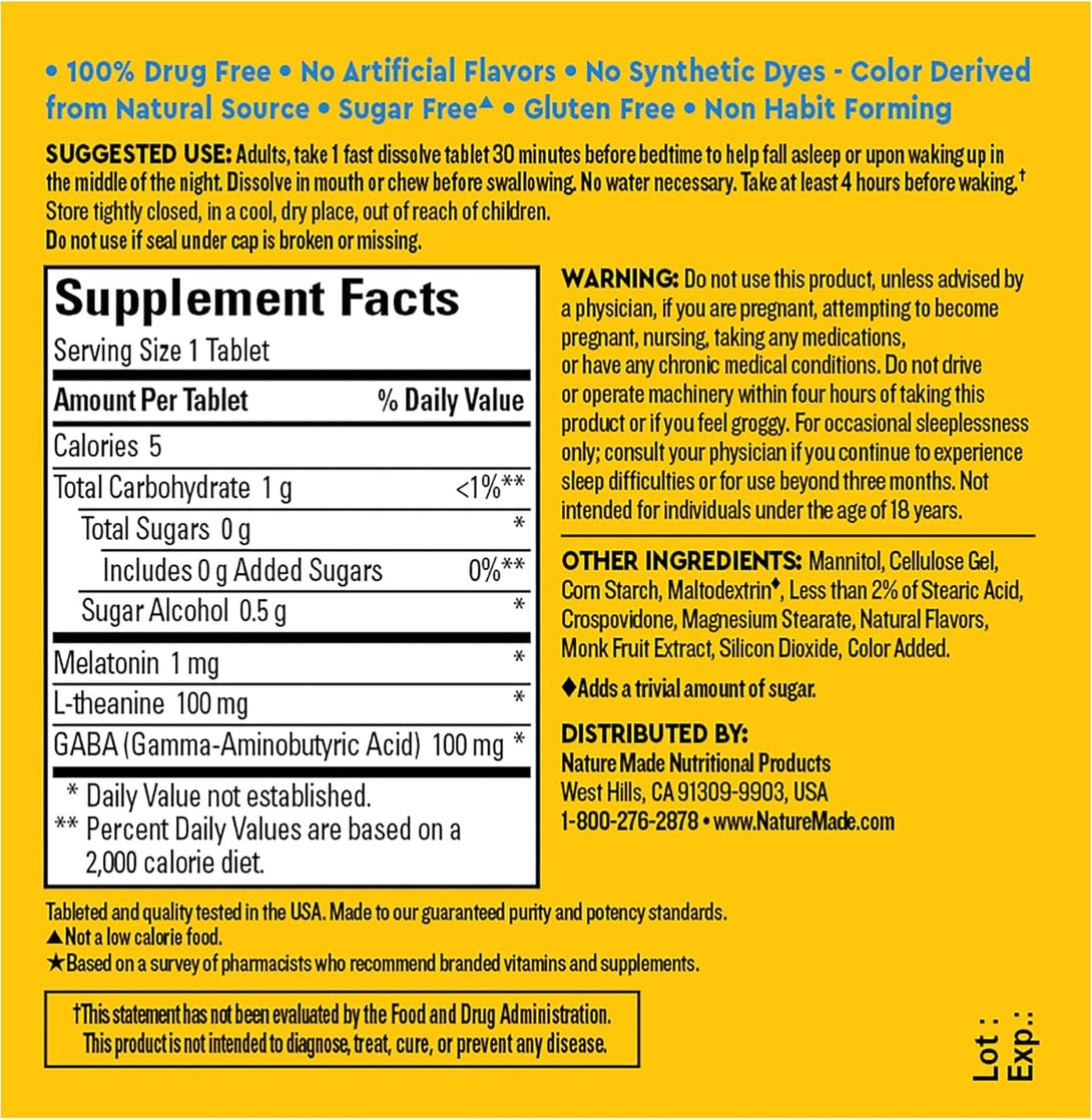Nature Made Wellblends Back to Sleep, Lower Dose Melatonin 1 Mg, L Theanine 100 Mg and GABA 100Mg, Sleep Supplement, 40 Fast Dissolve Tablets