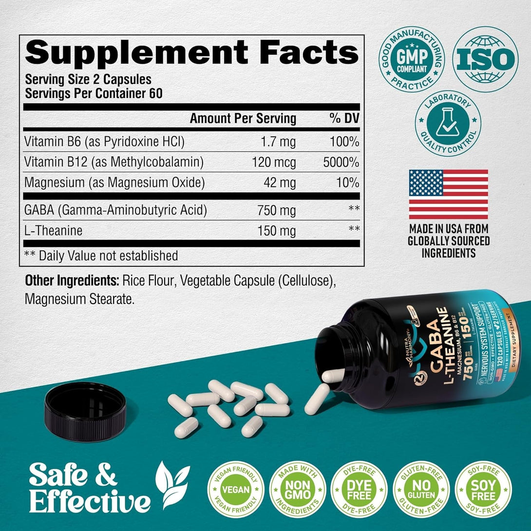 GABA L-Theanine 900 Mg - Made in USA - Magnesium | Vitamin B6 - Calm, Sleep, Relaxation & Mood Support - 750 Mg Gamma Aminobutyric Acid, 150 Mg L-Theanine - Non-Habit Forming, Vegan - 120 Capsules