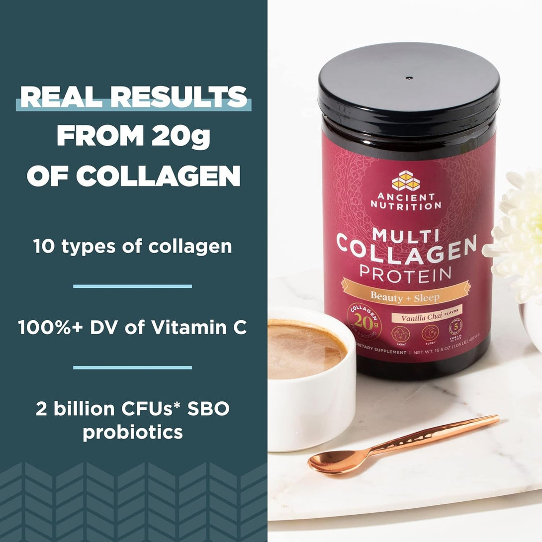 Ancient Nutrition Collagen Powder Protein, Multi Collagen Protein Beauty + Sleep with Vitamin C, Vanilla Chai, Hydrolyzed Collagen Peptides Supports Skin and Nails, Sleep, 16.1Oz