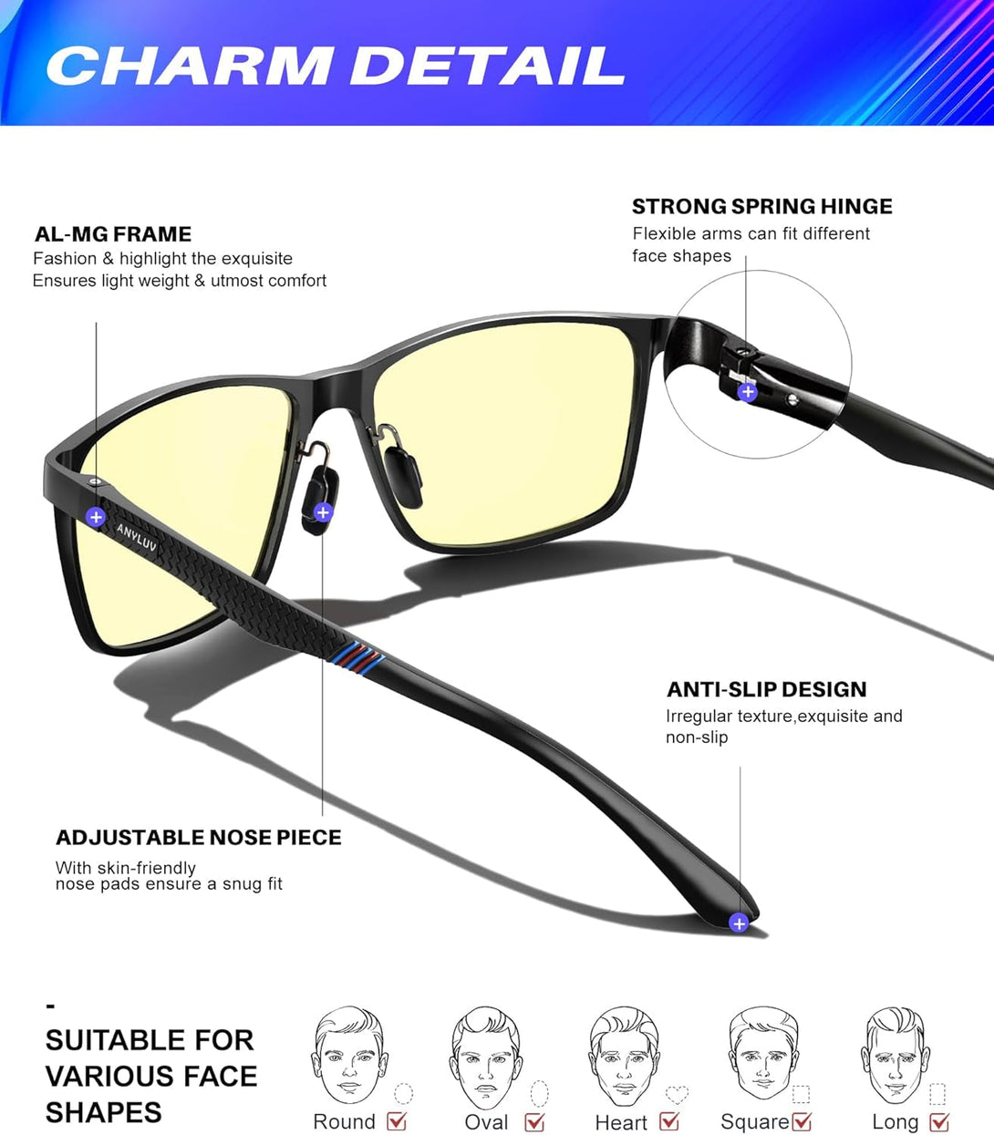 ANYLUV Blue Light Glasses Men/Women, Al-Mg Metal Computer Blue Light Blocking Glasses, Relieve Eyestrain and Eye Protection