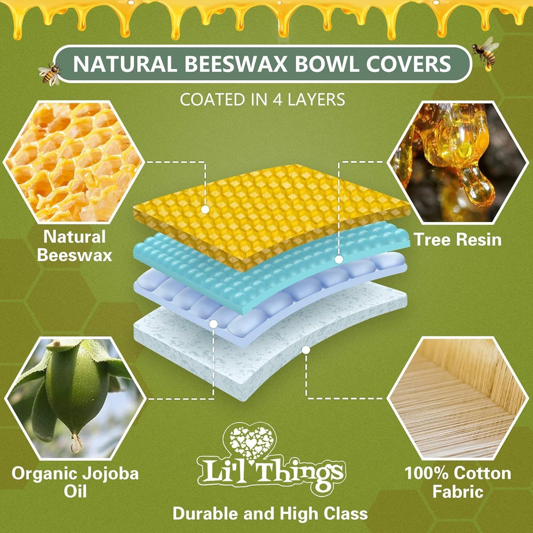 Li'L Things Beeswax Bowl Covers – Reusable Food Wrap Set of 5 | Eco-Friendly, Sustainable, Washable & Breathable Covers for Bowls, Jars & Containers (XS/S/M/L/XL) | Fruity Fruit