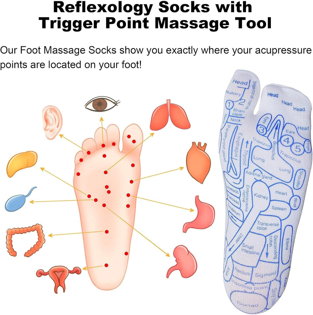 Reflexology Socks with Beginner Acupoint Massage Tools Set of 5 - Foot Pain Relief Remedy for Foot Massage Rod for Women and Men Tired Relieve