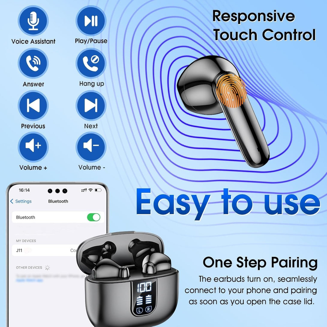 Wireless Earbuds Bluetooth 5.4 in Ear Buds 6 Mic ENC Noise Cancelling Clear Calls, Deep Bass Hifi Stereo Sound Earphones 35H Playtime LED Power Display IPX7 Waterproof Headphones for Android Ios Black