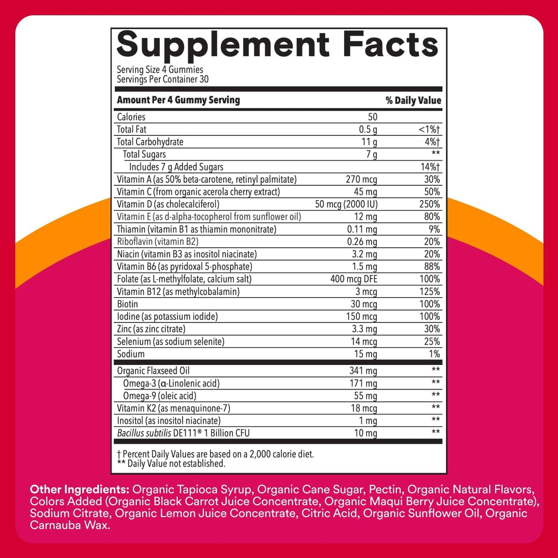 Smartypants Organic Women'S Multivitamin Gummies: Biotin, Probiotics, Methylfolate, Omega 3 (ALA), Vitamin D3, C, Vitamin B12, B6, A, K & Zinc, Inositol, Gluten Free, 120 Count (30 Day Supply)