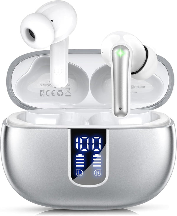 Ear Buds Wireless Earbuds - Bluetooth 5.3 Headphones (48H Playback) Built in Mic with LED Display Charging Case, IP7 Waterproof Earphone for Iphone Andriod Phones Laptop Sports Workout - Silvery