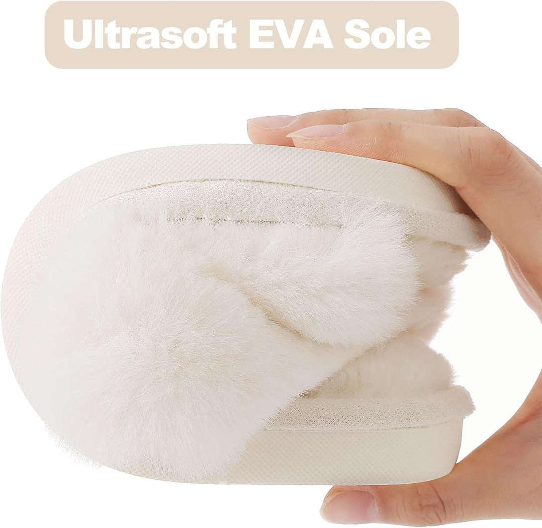 Evshine Women'S Fuzzy Slippers Cross Band Memory Foam House Slippers Open Toe