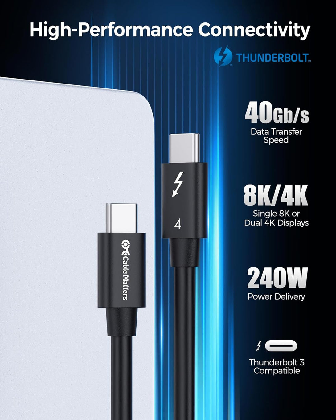 Cable Matters [Intel Certified] 40Gbps Thunderbolt 4 Cable 3.3Ft with 8K Video and 240W Charging - 1M, Compatible with USB4, Thunderbolt 3 Cable and USB-C