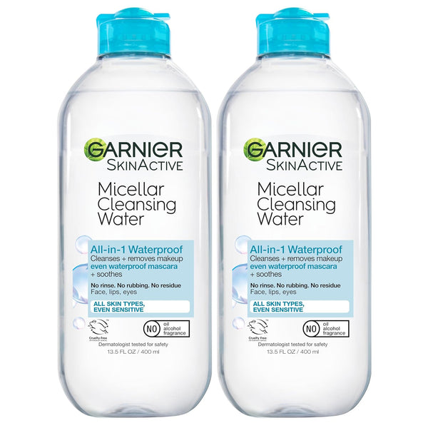 Garnier Micellar Water for Waterproof Makeup, Hydrating Facial Cleanser & Makeup Remover, Suitable for Sensitive Skin, Vegan, Cruelty Free, 13.5 Fl Oz (400Ml), 2 Count
