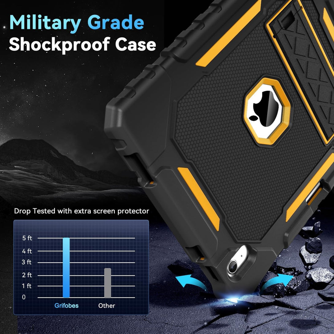 Grifobes for Ipad A16 Case 11Th Generation 11 Inch 2025 / Ipad 10Th Generation Case 10.9 Inch 2022, Heavy Duty Military Grade Shockproof Cover with Pencil Holder for I Pad 11/10 (Black+Gold)