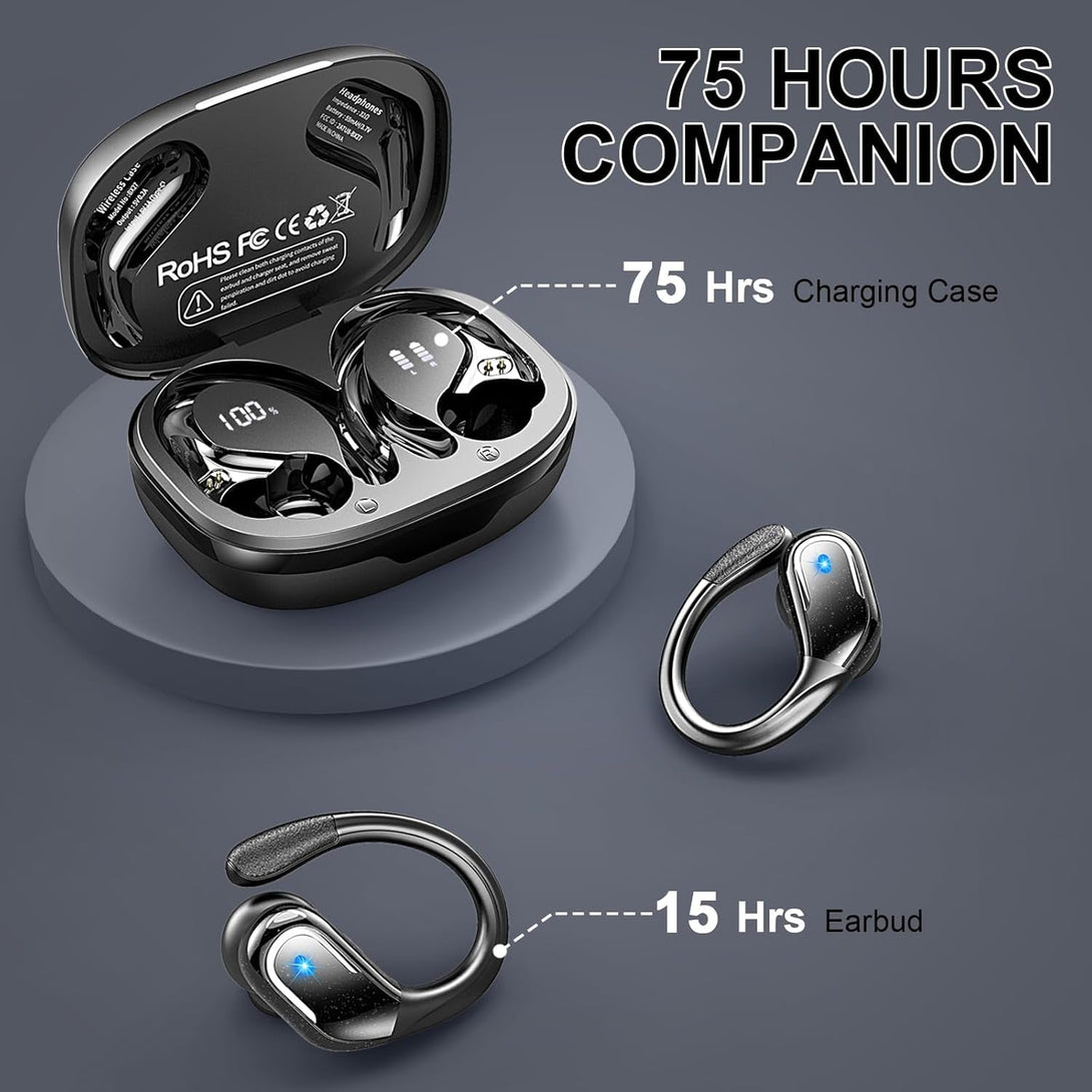 Wireless Earbuds Sport, Bluetooth 5.4 Headphones 2025 Bluetooth Earbuds with 75Hrs Stereo, 4 ENC Mic, Over-Ear Buds with Earhooks Noise Canceling Earphones , IP7 Waterproof Headset for Workout/Running