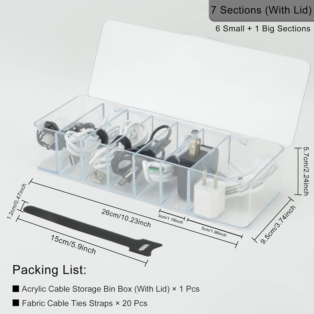 Electronics Organizer 7 Sections Clear Acrylic Cable Storage Bin Box Cord Holder with 20 PCS Reusable Fastening Fabric Cable Ties Straps Cord Wraps (7 Sections/With Cover)