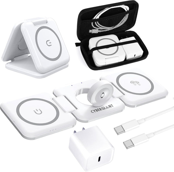 3 in 1 Apple Charging Station for Iphone Airpods Iwatch - Travel Charger for Multiple Devices, Portable Foldable Charging Station - Magnetic Iphone Charger with Adaptor&Case (White)