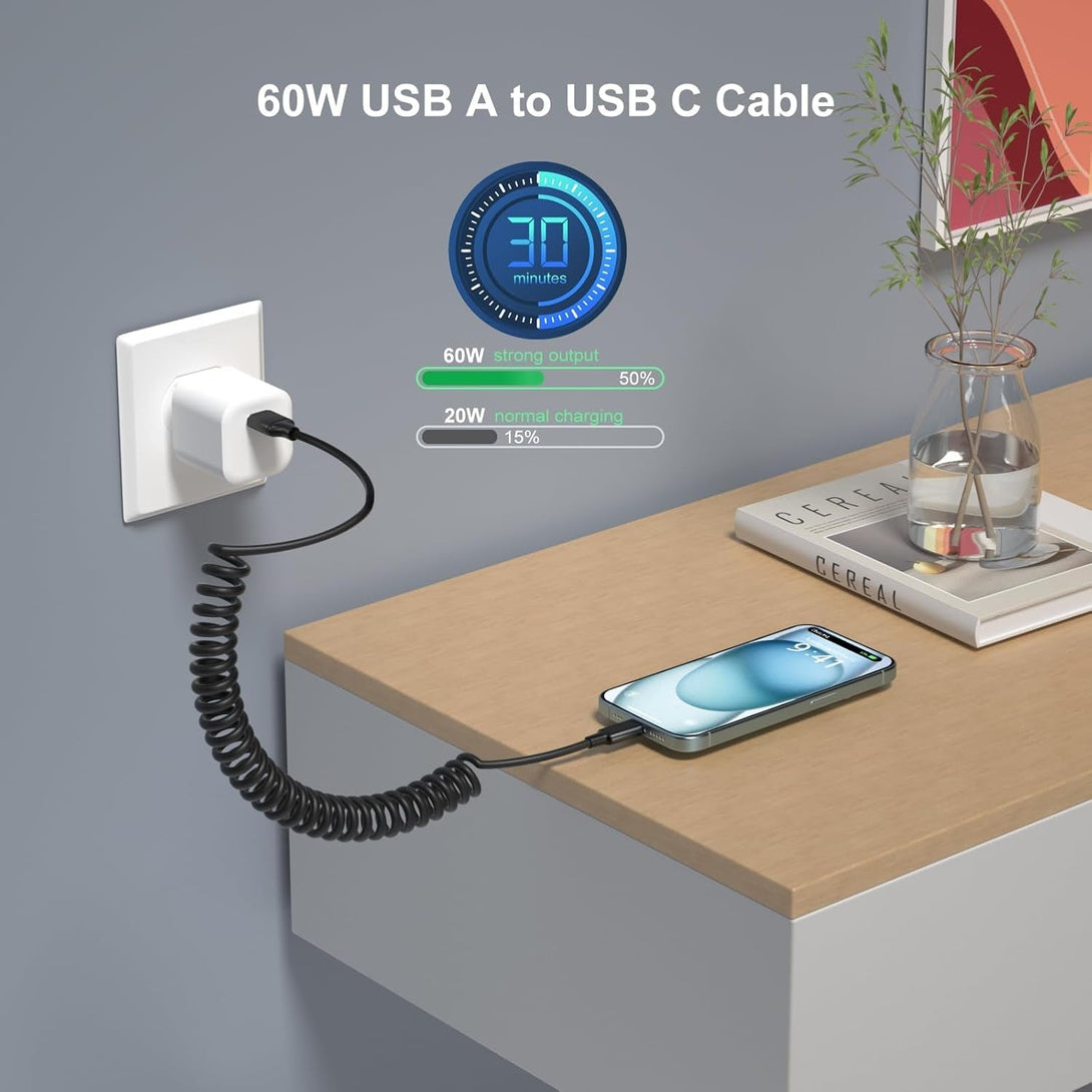 USB to USB C Cable Coiled Car Charger, C Charger Fast Charging Cord 3Ft for Carplay 60W 3A Retractable Auto USB a to USB C for Iphone 16 15 Galaxy S25 Ultra S24 FE A15 A54 A35 A16, 2Pack