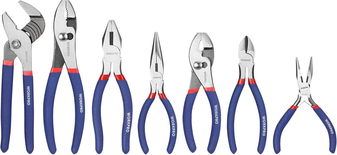 7-Piece WORKPRO Pliers Set with Groove Joint, Long Nose, Slip Joint, Linesman, and Diagonal Pliers for DIY & Home Use