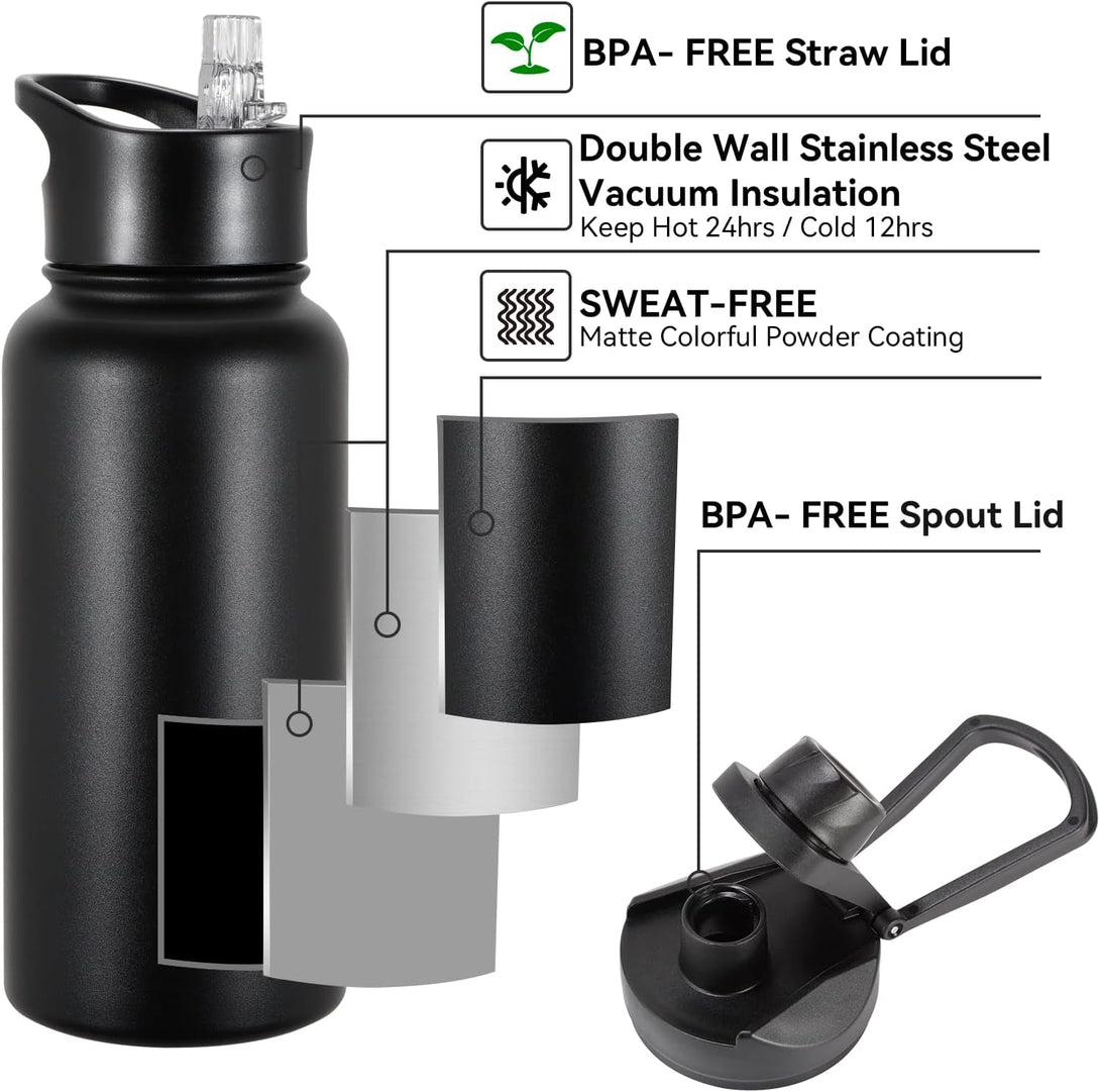 32 Oz Insulated Water Bottle with Straw Lid & Wide Mouth Lids, Stainless Steel Sports Water Bottles, Double Walled Vacuum, Leak Proof, Black