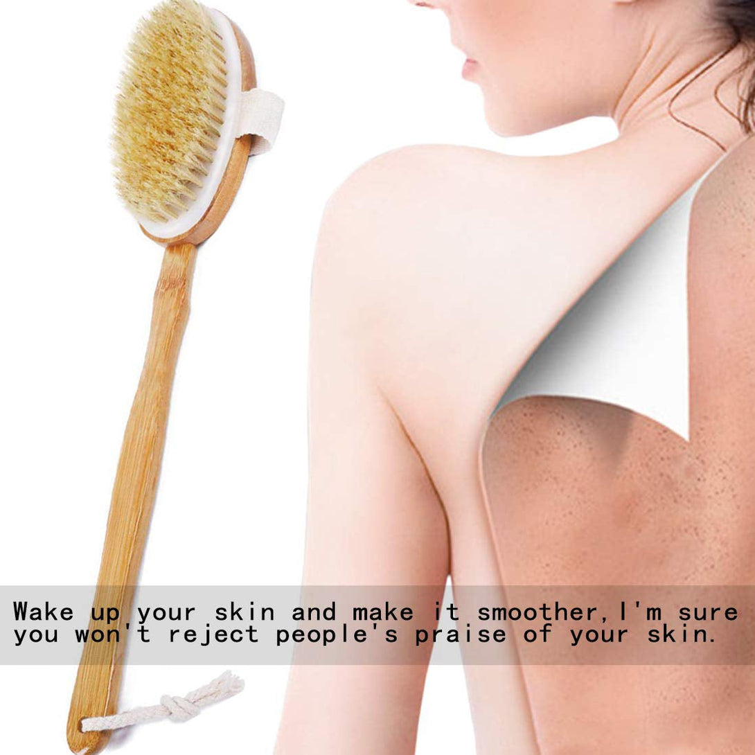 Shower Brush Bath & Dry Skin Body Brushing with Long Bamboo Detachable Hand & Soft Boar Bristle for Back Scrubber
