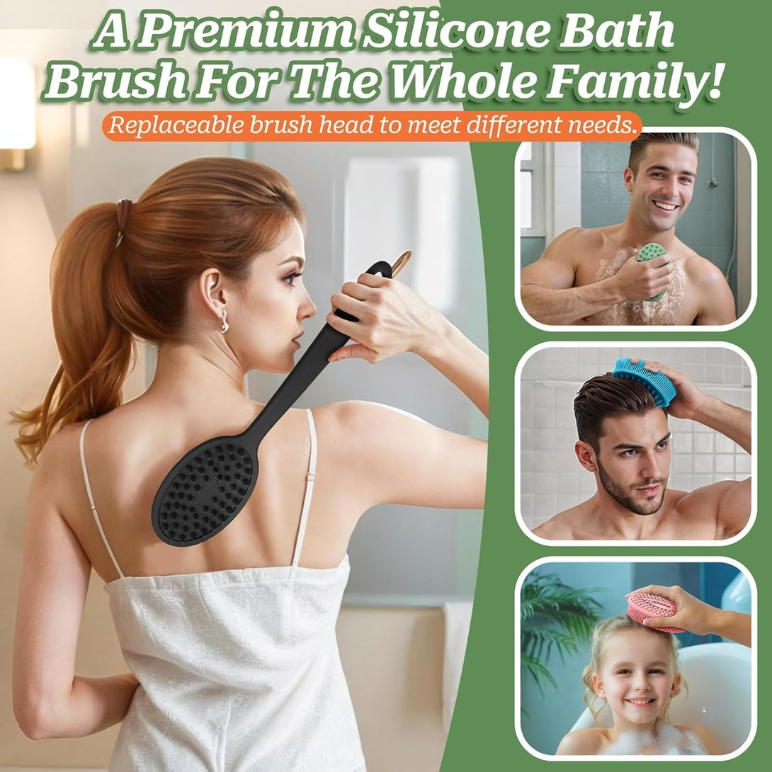 Silicone Back Scrubber, Soft Silicone Loofah with Handle, Gentle Exfoliating Back Scrubber, Back Brush Bath Brush with Two Dual-Side & Detachable Brush Heads(Black-Two Heads)