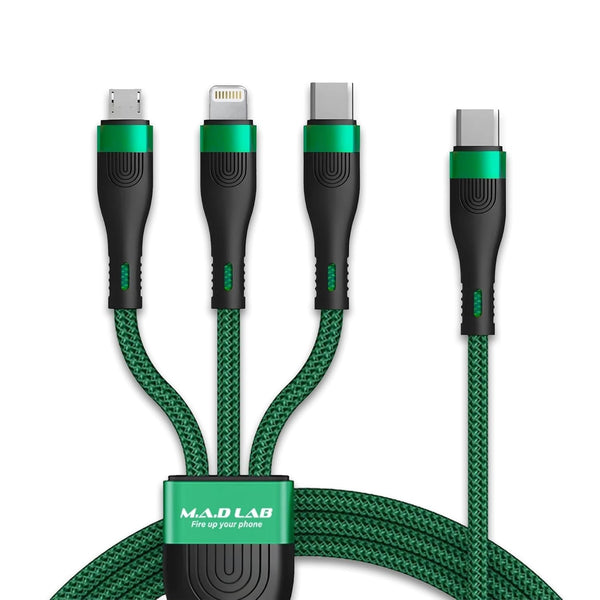 M.A.D LAB 3-In-1 Charging Cable: USB-C to Micro USB to Ios Devices to USB-C - 100W Fast Charging & Data Transfer (Type C Only) for Phones, Tablets, Laptops