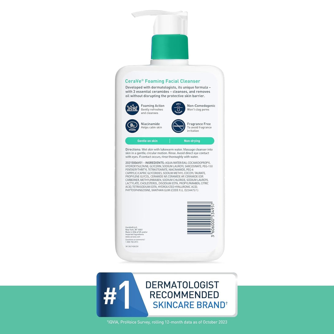 Cerave Foaming Facial Cleanser, Daily Face Wash for Oily Skin, Hyaluronic Acid + Ceramides + Niacinamide, Fragrance Free & Paraben Free, Non-Drying Oil Control Face Wash, 19 Fluid Ounce