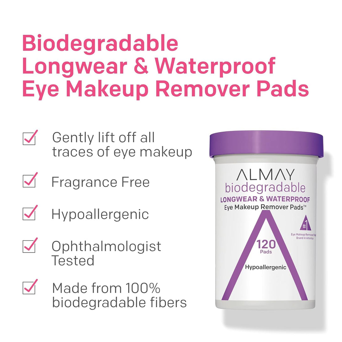 Almay Biodegradable Makeup Remover Pads, Longwear & Waterproof, Hypoallergenic, Fragrance-Free, Dermatologist & Ophthalmologist Tested, 120 Count