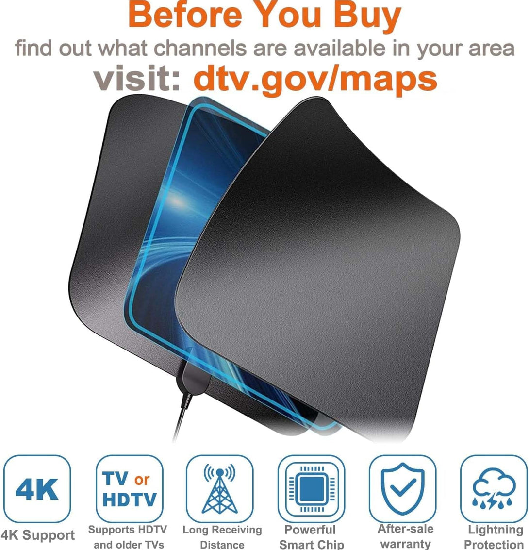 4K Amplified HD Digital TV Antenna Long 1000 Miles Range Smart TV Indoor Support 4K 1080P Fire TV Stick and All Older Tvs Indoor 360° Signal Reception Switch Signal Booster with HDTV Coax Cable 16.5Ft