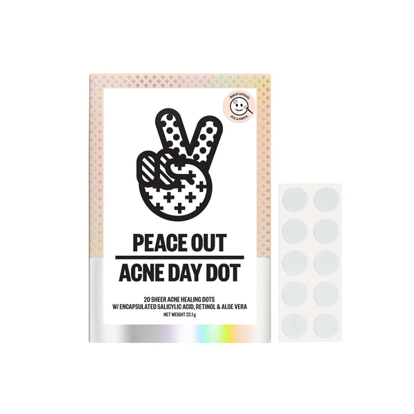 PEACE OUT Acne Day Dot, Sheer Acne Healing Dots, Virtually Invisible Wear, Hydrocolloid Pimple Patches Helps Clear Blemishes Quickly with Encapsulated Salicylic Acid, Retinol & Aloe Vera, 20 Dots