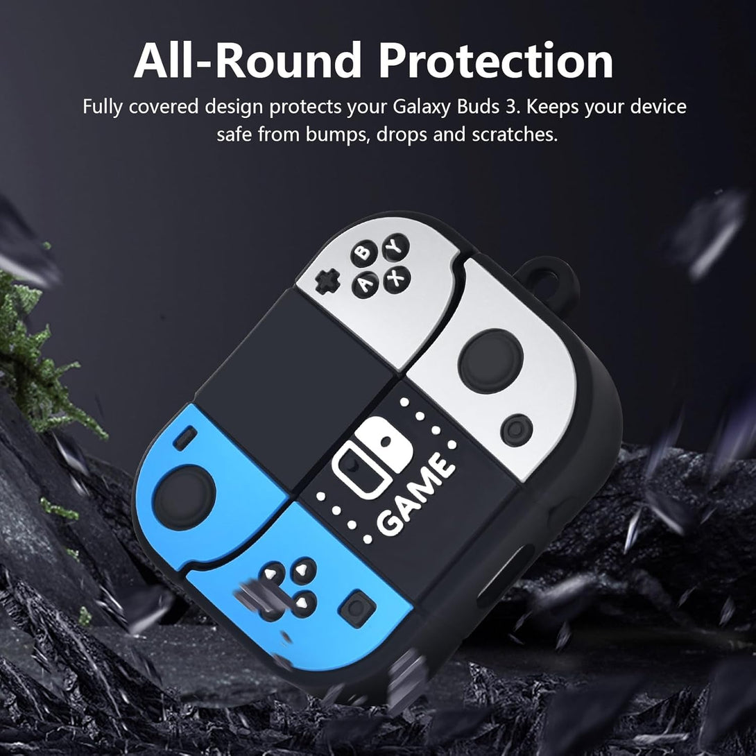 KOREDA Compatible with Samsung Galaxy Buds 3 Case & Galaxy Buds 3 Pro Case, Cute Funny Game Design Cartoon Soft Silicone Protective Cover with Keychain for Teens Boys Men Women (Black/Blue)