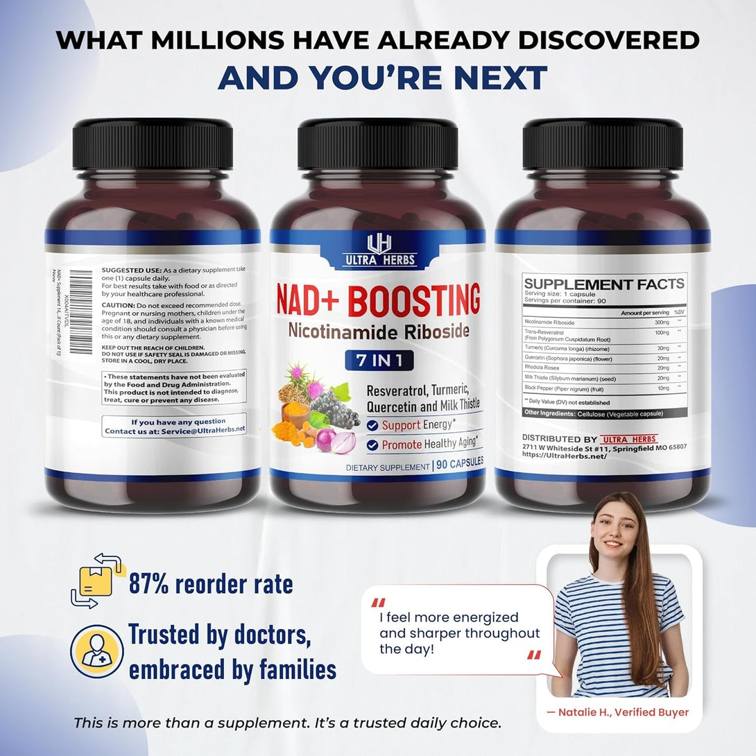 NAD+ Supplement with Nicotinamide Riboside NR, Trans Resveratrol, Quercetin - Support Cellular Energy, Longevity, Healthy Aging *USA Made & Tested* (90 Count (Pack of 1))