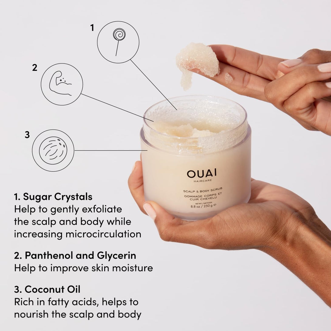OUAI Scalp & Body Scrub, Melrose Place - Exfoliating Body Scrub with Sugar & Coconut Oil Blend for Smooth, Moisturized Skin - Gentle Scalp Exfoliator for Removing Product Build up (8.8 Oz)