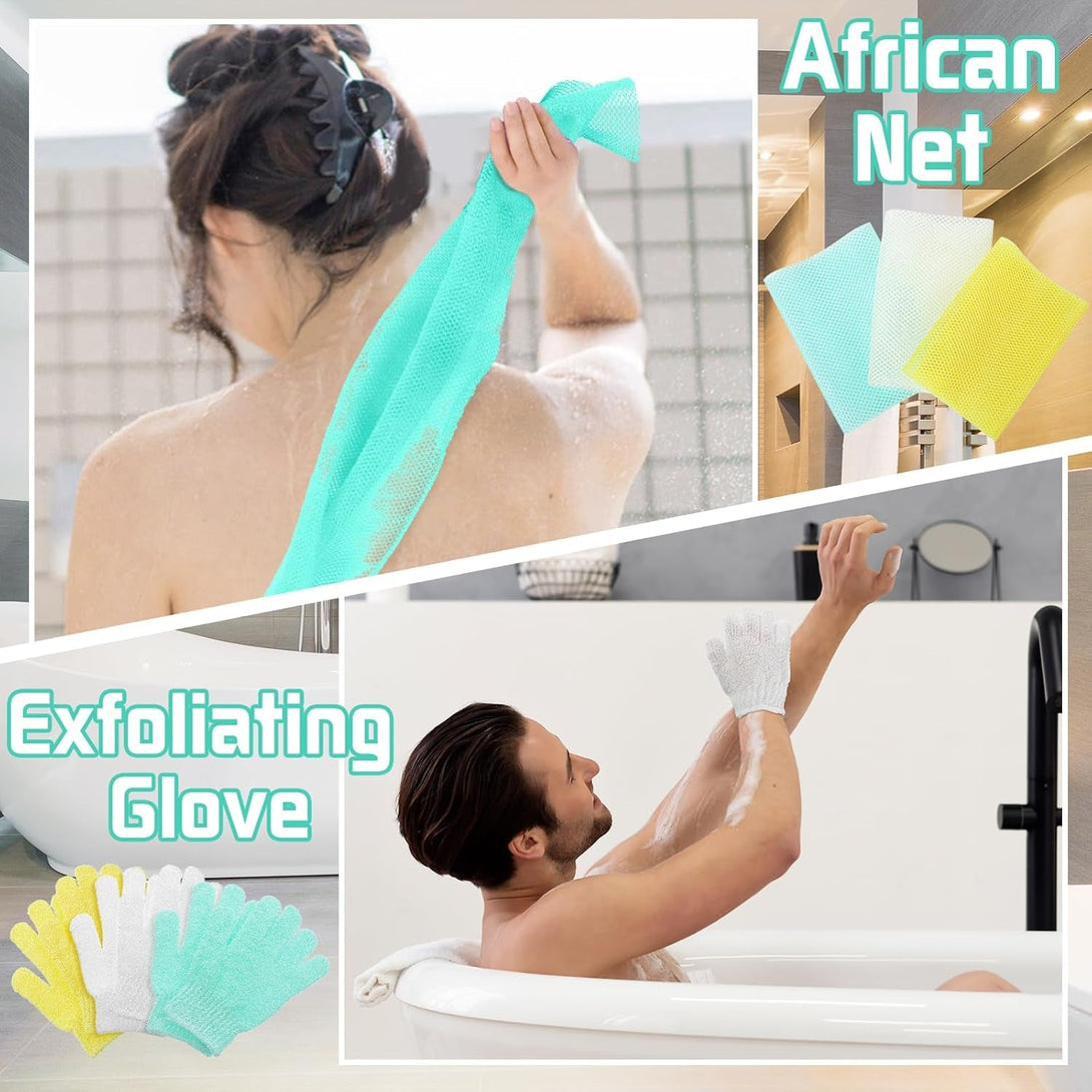 6 Pack African Net Sponge Exfoliating Glove Set, 3 Bath Sponge Body Scrubber Back Scrubber and 3 Pairs Exfoliating Gloves for Shower