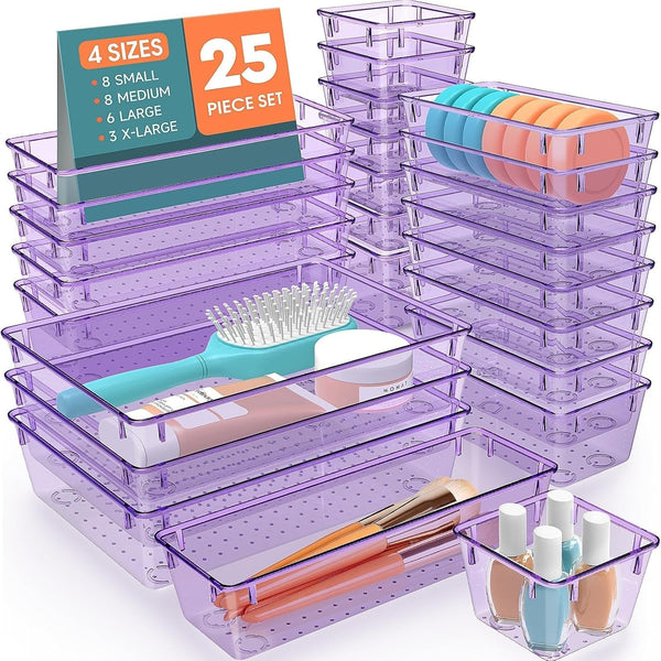 25 PCS Plastic Drawer Organizer Set, 4-Size Versatile Organizer Trays & Storage Bins for Makeup, Jewelry, and Gadgets in Bathroom, Bedroom and Office, Purple