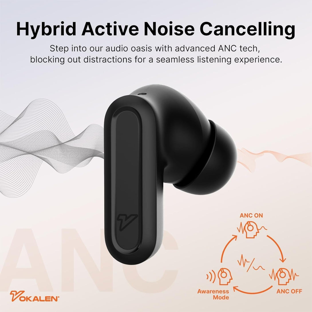 VOKALEN Air Pro True Wireless Hybrid Active Noise Cancelling Earbuds Bluetooth Headphones, Ergonomic Design In-Ear Headset, 40H Long Playtime with Wireless Charging, Custom EQ with APP, Bluetooth 5.3