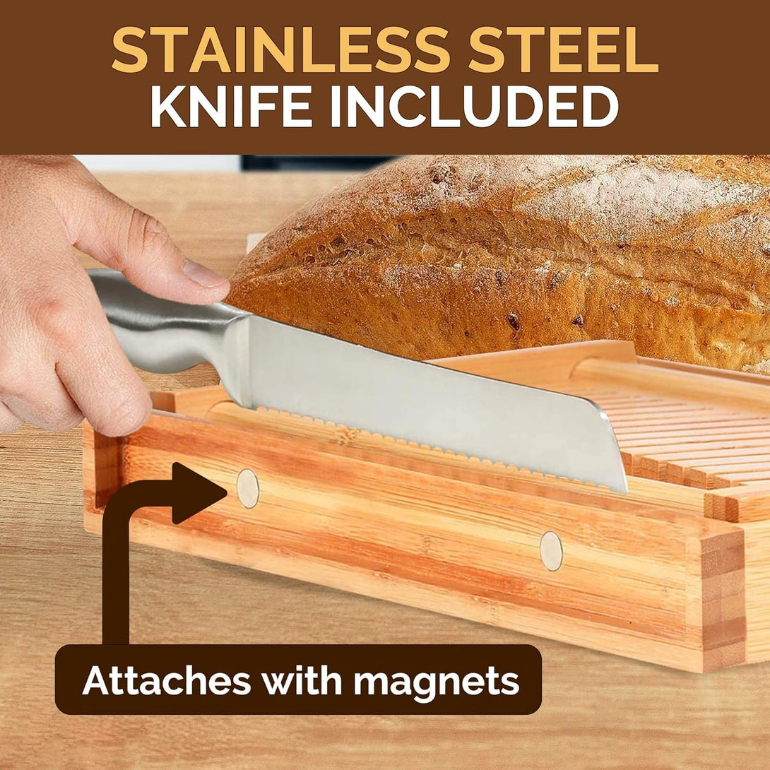 Bambüsi Bread Slicer for Homemade Bread - Bamboo Bread Cutter with Knife, Foldable Slicing Guide, Crumb Tray - Compact Bread Loaf Slicer for Cakes, Bagels, Loaves - Kitchen Gadget & Gifts