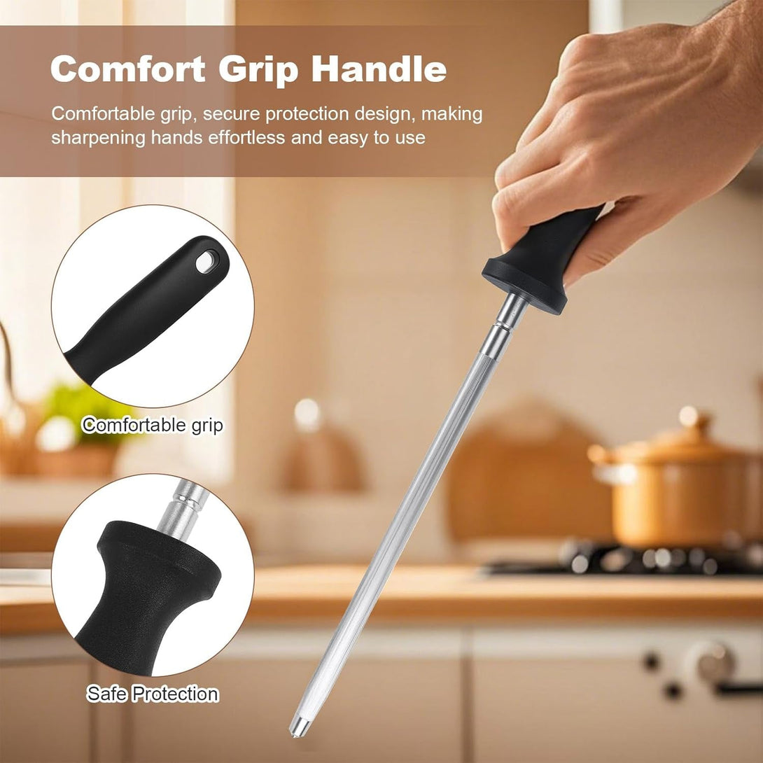 12 Inches Knife Sharpening Steel Rod, High Carbon Steel Honing Rod with 9 Inches Sharpening Steel and Ergonomic PP Handle, Premium Kitchen Knife Sharpener for Chefs and Home Cooks Use