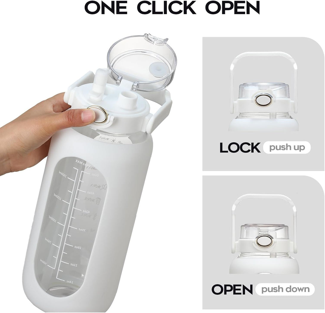 74 Oz Glass Water Bolttles with Straw Large Motivational Water Bottle with Time Marker Sports Water Bottles with Silicone Sleeve and Handle Lid 2.2L Water Jug for Gym Workout