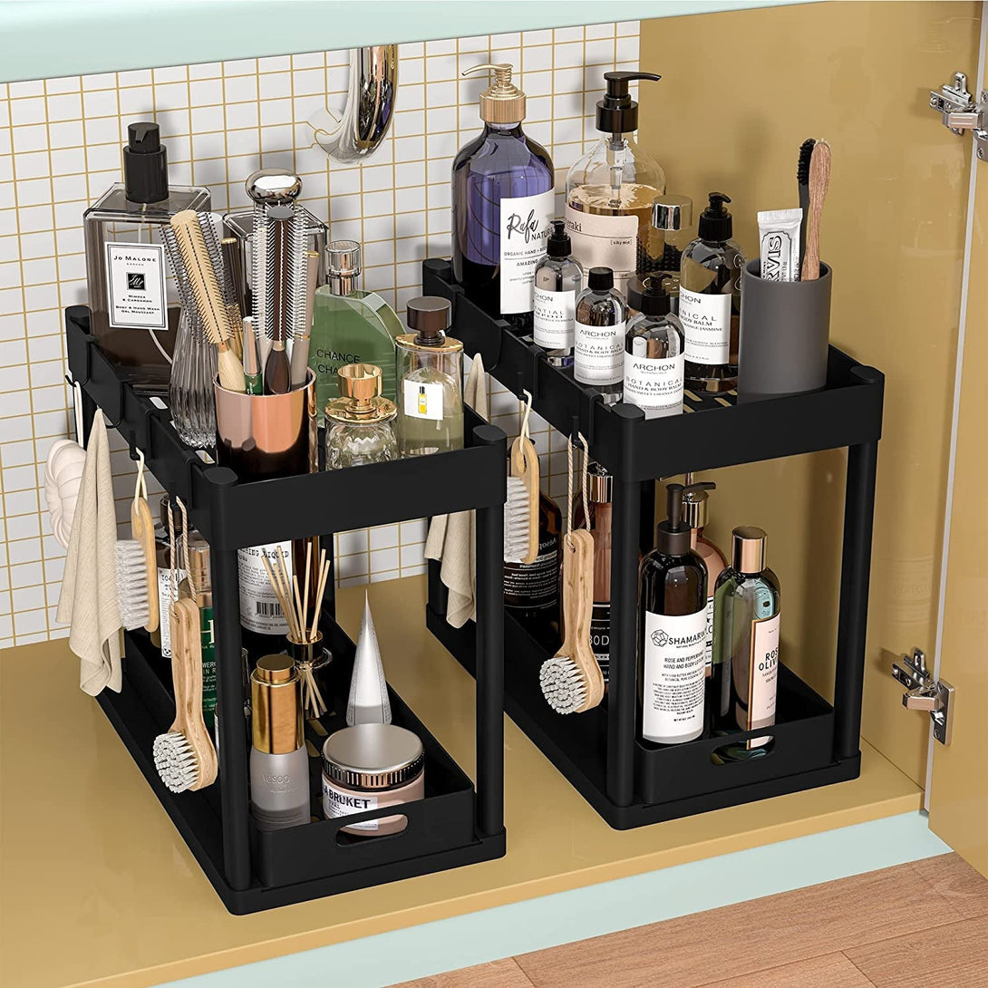 2PC under Sink Organizer Rack 2 Tier under Sliding Cabinet Basket Organizer Drawer with 4 Hooks, Multi-Purpose under Sink Storage for Bathroom Kitchen Desktop（Black）