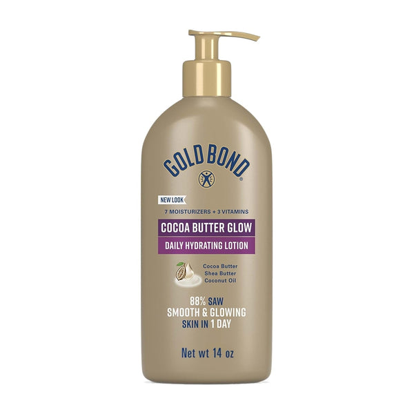 Gold Bond Cocoa Butter Glow Daily Hydrating Lotion with Shea Butter, Cocoa Butter & Coconut Oil, Exfoliating Moisturizer for Dry Skin, 14 Oz.