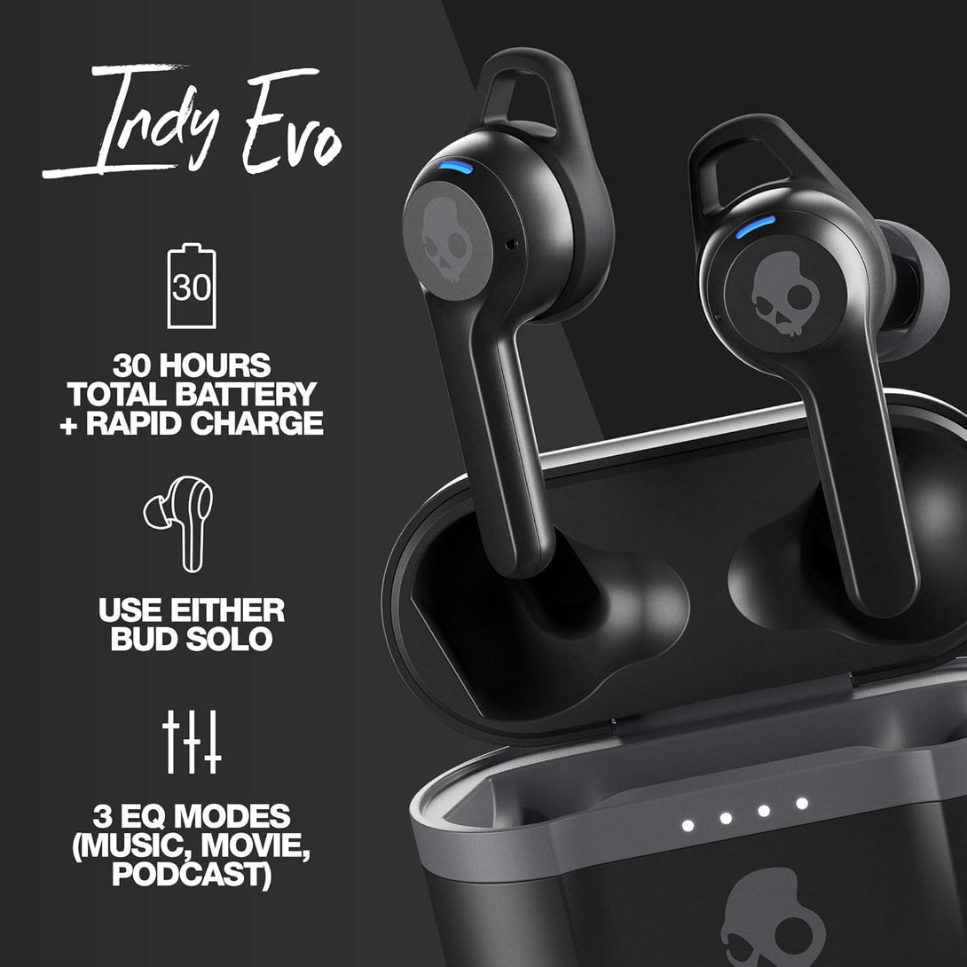 Skullcandy Indy Evo In-Ear Wireless Earbuds, 30 Hr Battery, Microphone, Works with Iphone Android and Bluetooth Devices - Black
