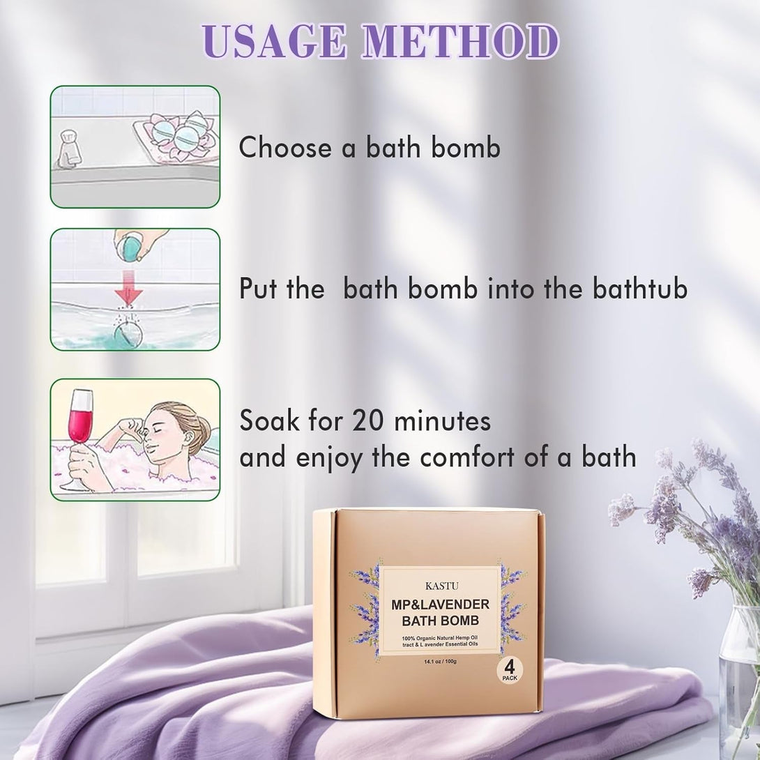 Natural Hemp Oil Extract and Lavender Essential Oils Bath Bombs Salt Balls,4 Pack Gift Set,Moisturizing Dry Skin,Fizzy Spa,Relaxation,Self Care,Relaxing,Bubble Bath Bomb Gifts Idea for Men Women