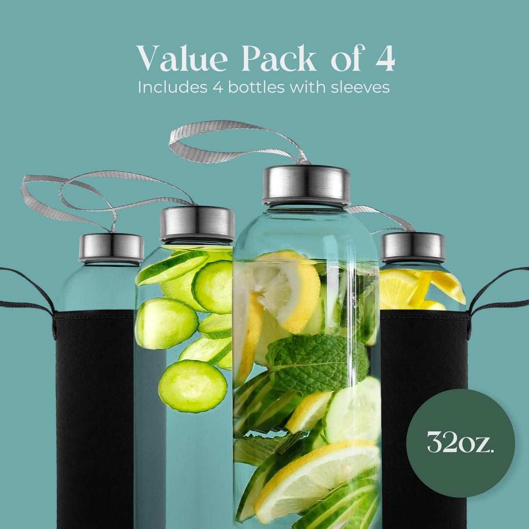 32 Oz Glass Water Bottle Set of 4 - Reusable, Eco-Friendly, Airtight, Leak Proof Bottles for Travel
