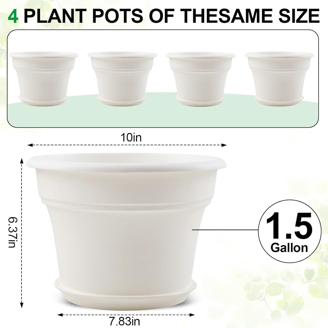 10 Inch Plastic-Flower-Pot-For-Indoor-Plants, 4 Pack Large Outdoor Planter Pot with Drainage Holes & Saucers, Resin Decorative Garden Pots Planters