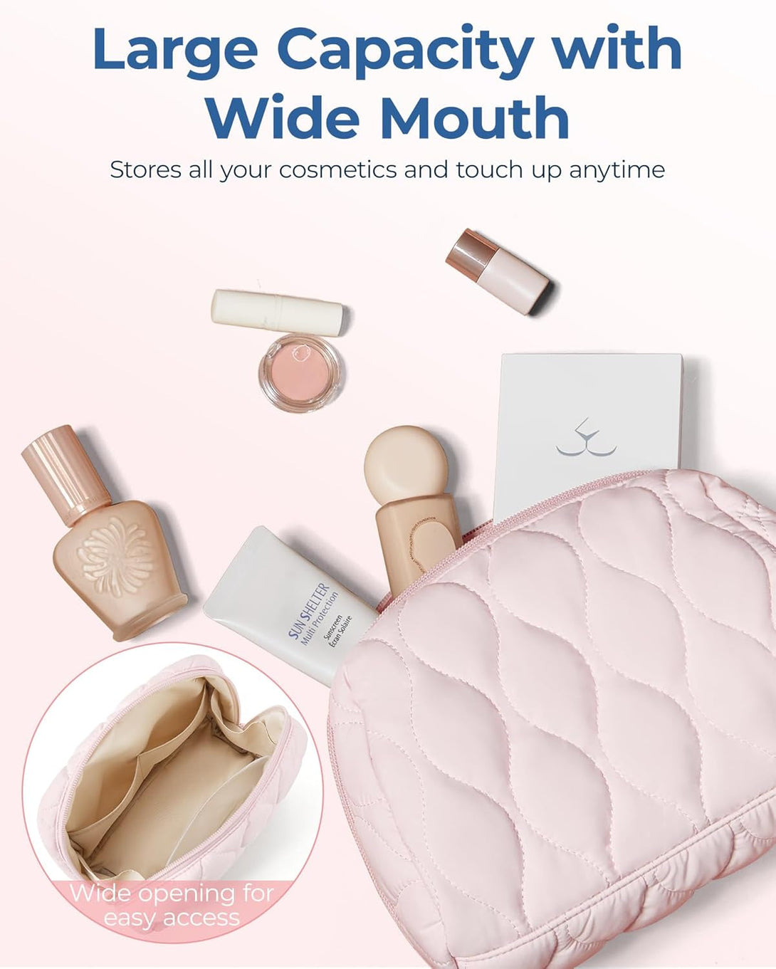 BAGSMART Makeup Bag, Travel Cosmetic Bag, Puffy Padded Make up Bag for Women, Makeup Organizer Case, Wide-Open Pouch Purse, Travel Essentials, Toiletries Accessories Brushes, Pink