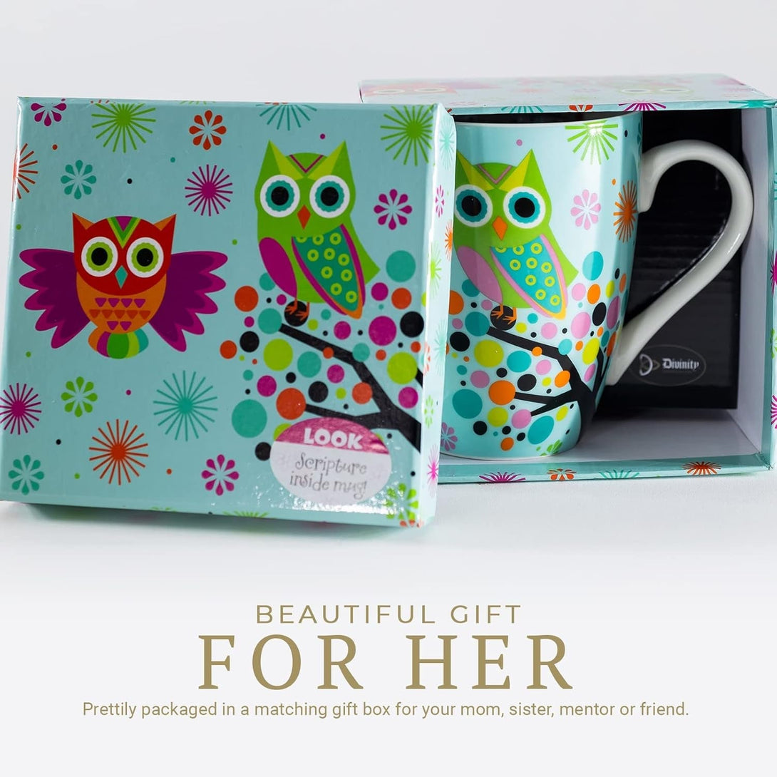 Divinity Boutique Owl Mug - Inspirational Ceramic Coffee Mug with Scripture for Women, Mom, Friends, Owl Lovers That Is Colorful and Dishwasher Safe