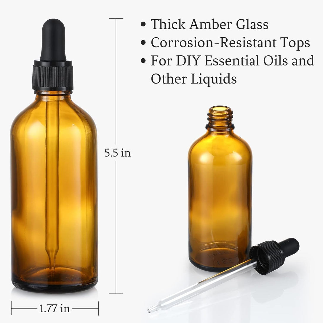 4 Pack, 100Ml Dropper Bottles with 2Pcs Glass Pipettes(1Ml) - Essential Oils Bottles for Health, Personal Care & Beauty - 3.4Oz Thick Dark Amber Glass Tincture Bottles with Eye Droppers, Leakproof