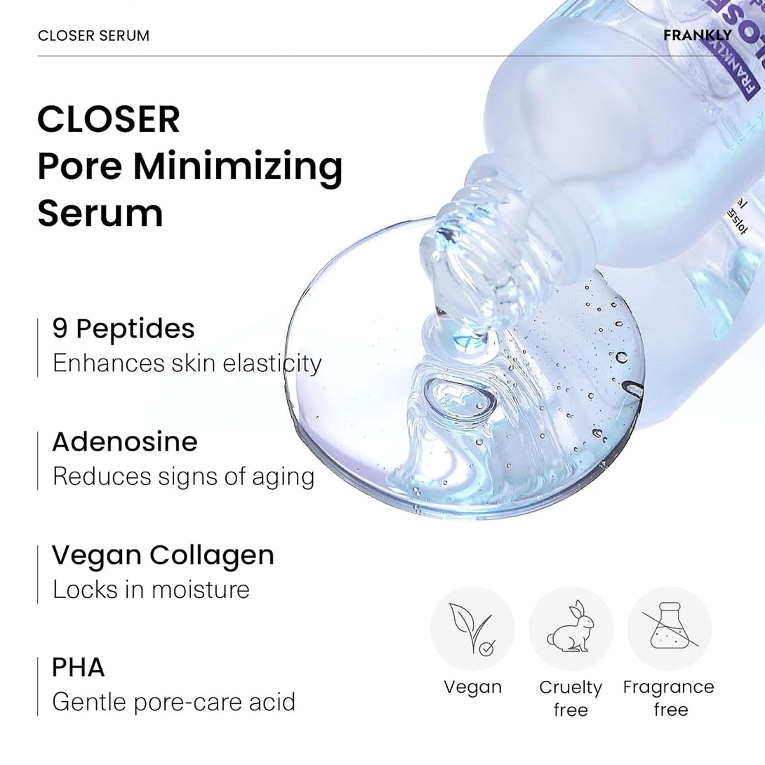FRANKLY Closer Serum Jumbo | Pore Minimizer Serum | 9 Peptides, Vegan Collagen, Adenosine, PHA | Korean Pore Minimizer for Glass Skin, Anti-Aging, Hydration, Elasticity | 2.03 Fl Oz