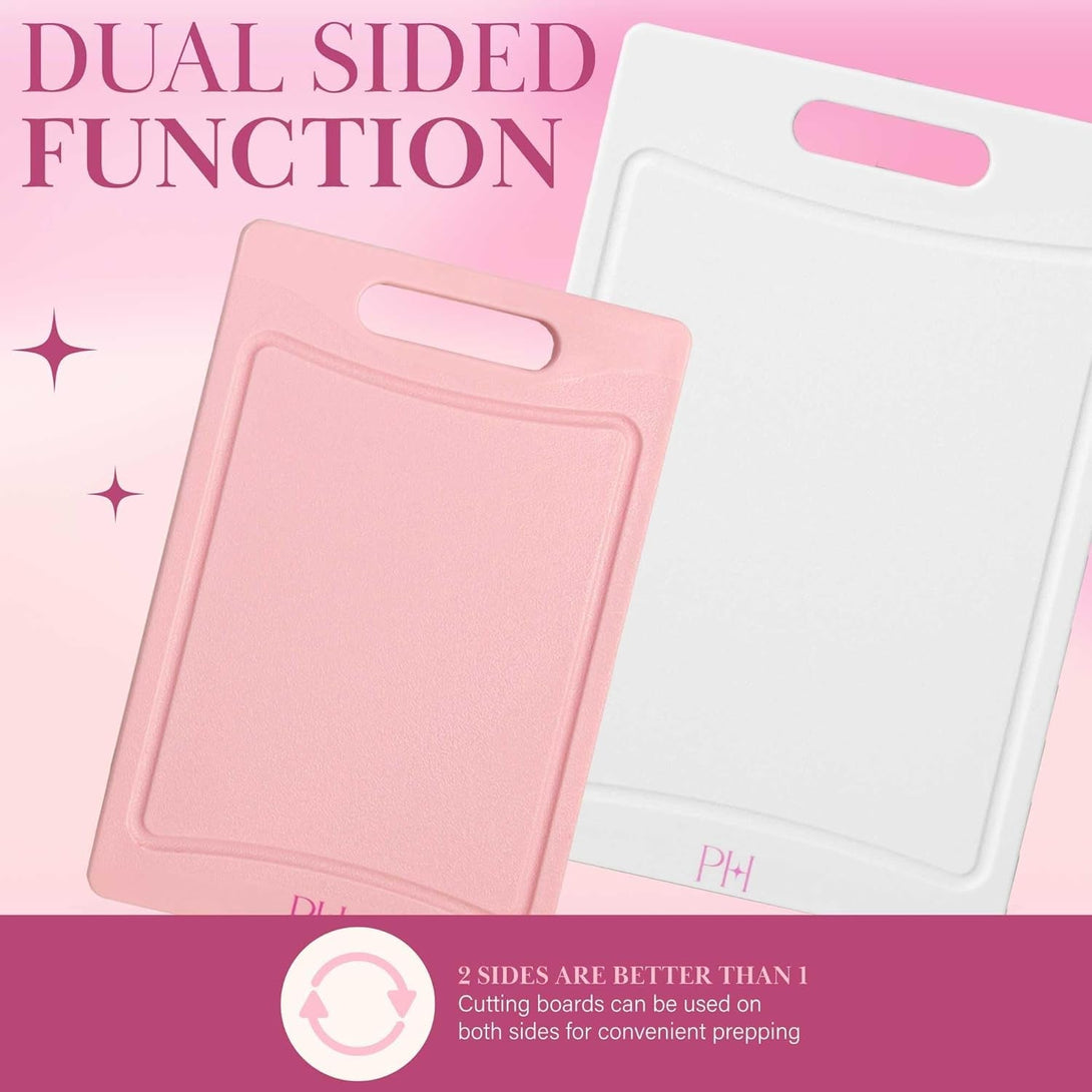 Paris Hilton Cutting Boards, Dual-Sided Cutting Board Set with Built-In Juice Grooves, Easy-Grip Handles, Heavy-Duty Plastic Made without BPA, Dishwasher Safe, 3-Piece Set, Pink and Cream