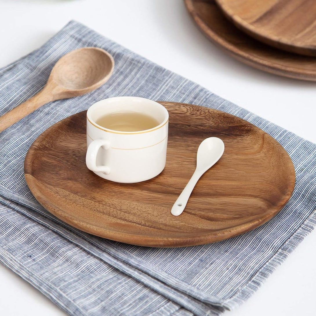 2 Pcs 10 Inch Acacia Wood Dinner Plates for Eating Wooden round Charcuterie Boards Serving Platters for Food Dishes Cheese Tray Dessert Salad Plate Wood Charger Plates