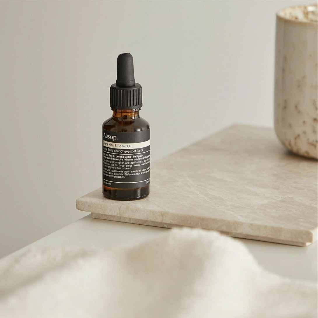 Aesop Shine Hair and Beard Oil | Moisture-Rich, Silicone-Free Oil for Full Beards and Hair | Softens Coarse Texture | No Greasy Buildup | Green Citrus Scent | 0.8 Oz / 25 Ml