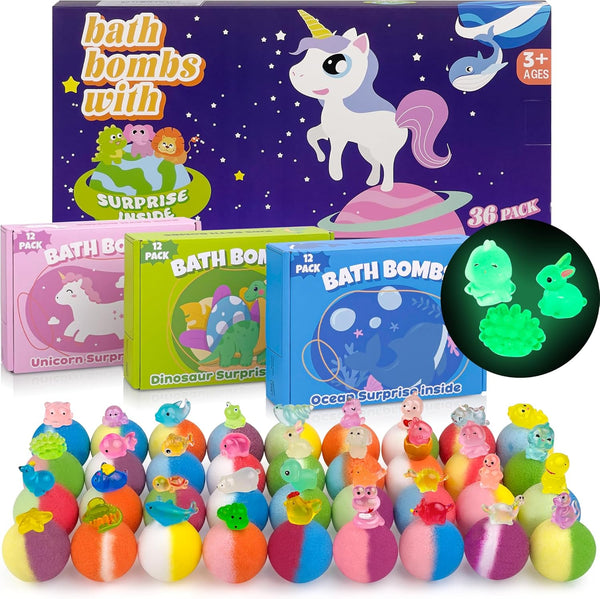 Bath Bombs for Kids with Toy Inside, 36 Pcs Bath Bombs with Glow in the Dark Dinosuar, Animal and Ocean Surprise Inside, Handmade Organic Bubble Bath Ball Gift Set for Birthday, Easter, Christmas